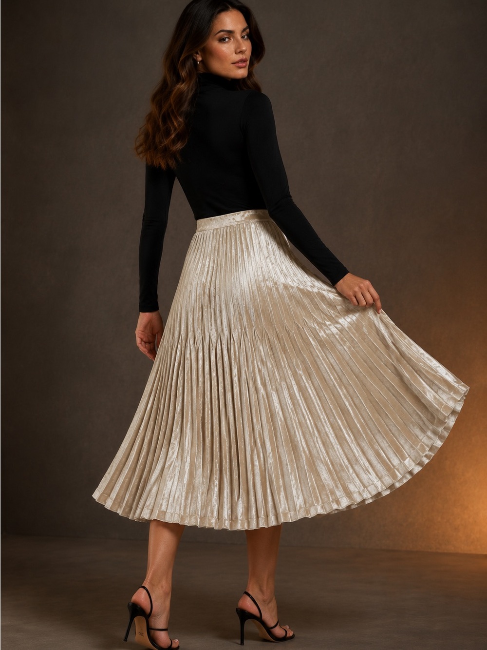 Halston Heritage Velvet Pleated Maxi Skirt - Champagne Gold cream